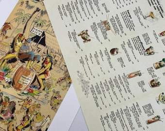 Deux cartes de cocktails Trader Vic's 1956 imprimées. Une impression de la couverture et une impression de l'intérieur.