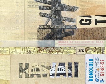 Surf, impression jet d'encre hawaïenne, art du surf, Honolulu, océan, vagues, collage « Letters from Hawai'i »