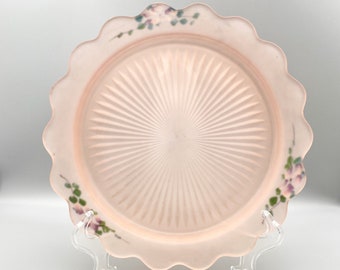 Hocking Glass Co Old Colony Pink Satin Serving Plate or Platter with Hand Painted Floral Decorations
