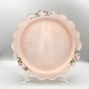Hocking Glass Co Old Colony Pink Satin Serving Plate or Platter with Hand Painted Floral Decorations