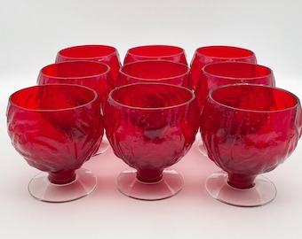 Seneca Driftwood Crinkle Glass Footed Roly Poly Glasses in Accent Red