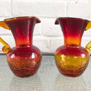 One Pair of Pilgrim Glass Amberina Crackle Glass Miniature Pitchers