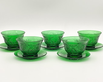 Anchor Hocking Forest Green Sandwich Pattern Custard Cups with Underplates