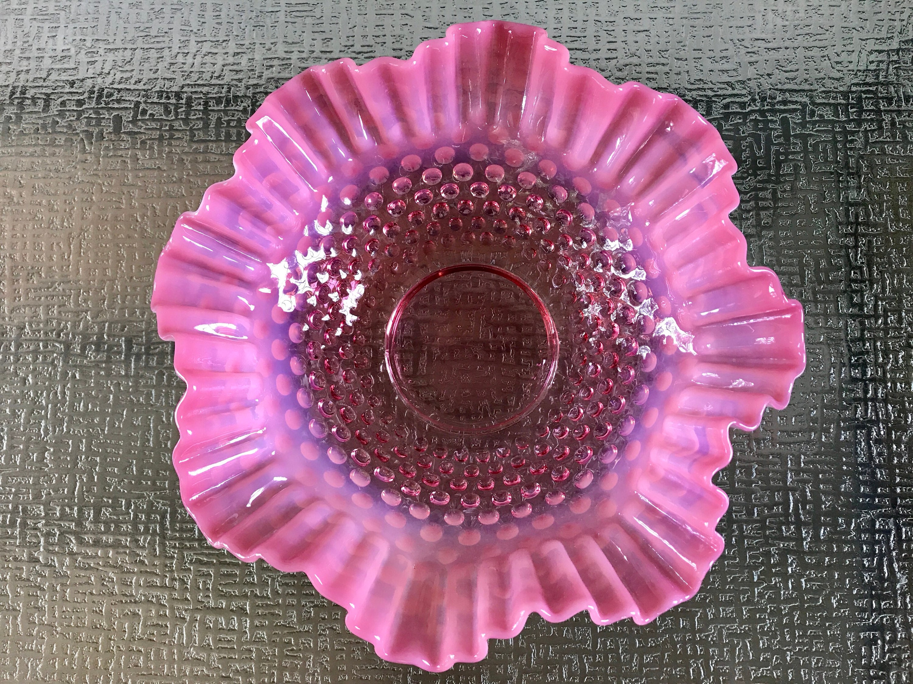 Fenton Cranberry Opalescent Hobnail Crimped Large Bowl With