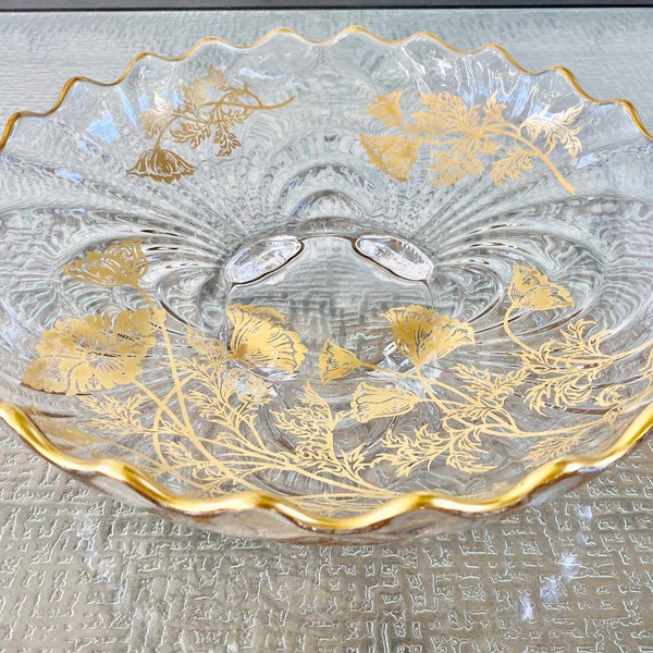 Cambridge Glass Caprice Pattern 10 1/2" Crimped Bowl with Gold Overlay Poppy Design #53