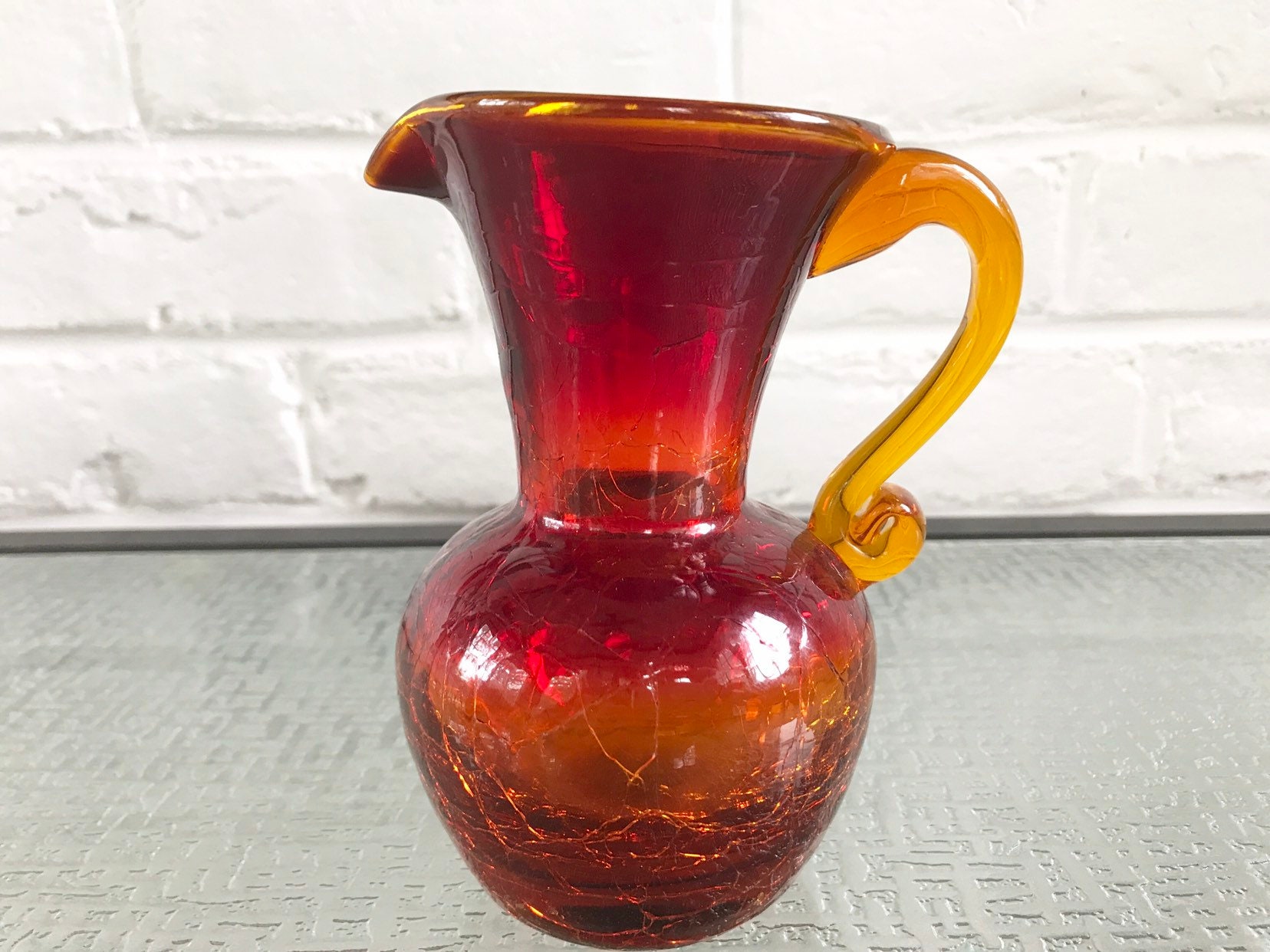 Amberina crackle glass mini pitchers - a pair - 1960s vintage