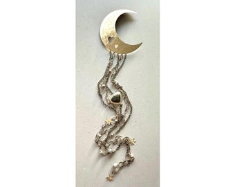 Labradorite Wall Hanging: Gemstone and Brass Celestial Wall Decor, 35 Inch