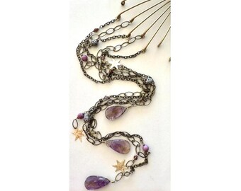 Ametrine Wall Hanging: Gemstone and Brass Celestial Wall Decor, 41 Inch