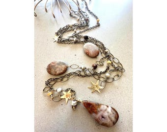 Agate Wall Hanging: Gemstone and Brass Celestial Wall Decor, 39 Inch