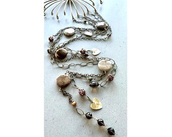 Petrified Wood Wall Hanging: Gemstone and Brass Celestial Wall Decor, 41 Inch