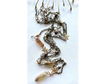 Whiskey Quartz Wall Hanging: Gemstone and Brass Celestial Wall Decor, 41 Inch