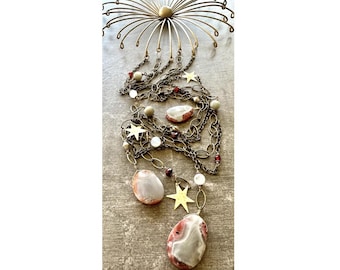 Moroccan Agate Wall Hanging: Gemstone and Brass Celestial Wall Decor, 39 Inch