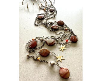 Noreena Jasper Wall Hanging: Gemstone and Brass Celestial Wall Decor, 41 Inch
