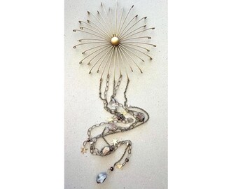 Phantom Quartz Wall Hanging: Gemstone and Brass Celestial Wall Decor, 41 Inch