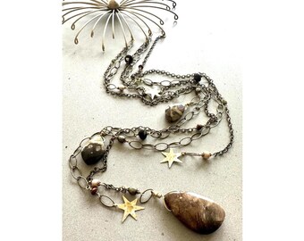 Wood Opal Wall Hanging: Gemstone and Brass Celestial Wall Decor, 40 Inch