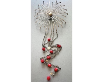 Red Coral Shell Wall Hanging: Gemstone and Brass Celestial Wall Decor, 41 Inch