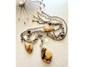 Handcrafted Jasper Gemstone Wall Hanging: Boho Sunburst or Moon Art