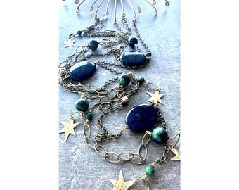 Dumortierite Wall Hanging: Gemstone and Brass Celestial Wall Decor, 41 Inch