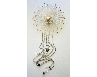 Specular Hematite Wall Hanging: Gemstone and Brass Celestial Wall Decor, 38 Inch