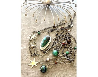 Blue Opal Wall Hanging: Gemstone and Brass Celestial Wall Decor, 39 Inch