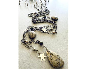 Jasper Wall Hanging: Gemstone and Brass Celestial Wall Decor, 41 Inch