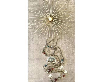 Chrysoprase Wall Hanging: Gemstone and Brass Celestial Wall Decor, 38 Inch