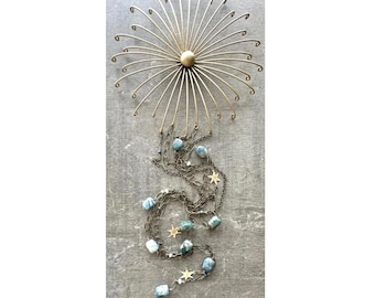 Azurite Wall Hanging: Gemstone and Brass Celestial Wall Decor, 41 Inch