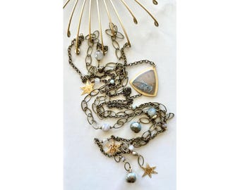 Moss Agate Wall Hanging: Gemstone and Brass Celestial Wall Decor, 39 Inch