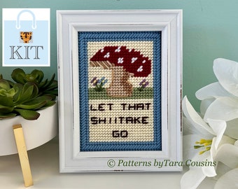 Stitch Kit - 5"x7" Needlepoint Kit on Plastic Canvas, Beginner Friendly, Fun and Easy to Stitch! "Let That Shiitake Go" Design