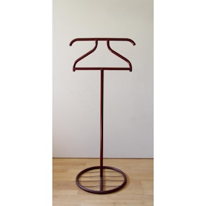 Vintage 1930&#39;s Hofmann and Augenfeld Bauhaus Coat Rack Valet Stand // Tubular Steel Art Deco Red Metal Butler Dress Rack Silent Servant