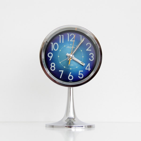 Vintage 1970s RHYTHM Table Alarm Clock with Tulip Base // Space Age Pedestal Clock Made in Japan