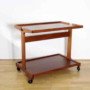 Vintage Trioh Denmark trolley // Danish teak wood bar cart // 2 tier wood serving cart, 1970s