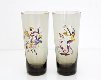 2x Vintage Drinking Glass Tumblers // 1960s 1970s Slim Drink Glass with Party Pattern
