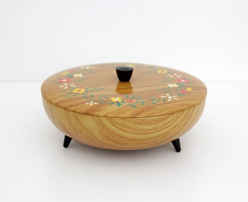 Vintage round tripod tin folk floral pattern container