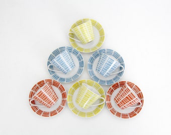 6x Vintage Schonwald Porcelain Moka Coffee Cups and Saucers // Primary Colors Porcelain Germany 1960's