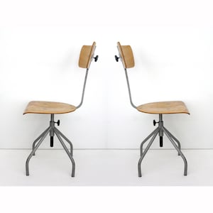 1 of 2 Vintage Industrial Chair // Workshop Swivel Chair // Wooden Seat Metal Base // Height Adjustable // Yugoslavia, 1960s