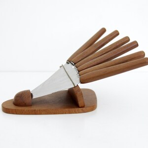 Vintage Flatware // Mid Century Set of 6 Solingen Fruit Knives With Teak Wood Stand // Cheese Knive Set