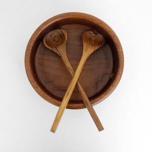 Vintage Teak Bowl and Salad  Servers // Mid Century Modern Hand Made Teak Wood Bowl with Salad Cutlery