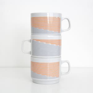 Vintage mugs // Set of three Zsolnay Pecs Hungarian mug with stripes design // white gray orange
