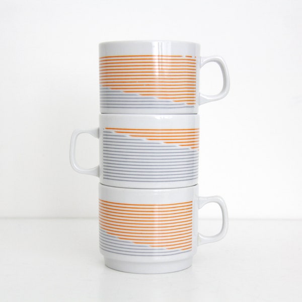 Tazas vintage // Juego de tres tazas húngaras Zsolnay Pecs con diseño de rayas // blanco gris naranja