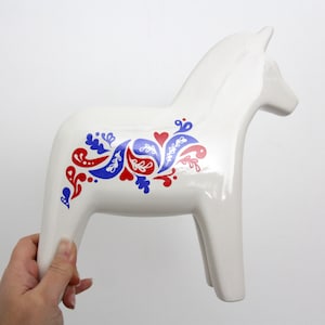 Vintage IKEA Swedish Figurine Dala Horse // White Ceramic Dala Horse with Red & Blue Design