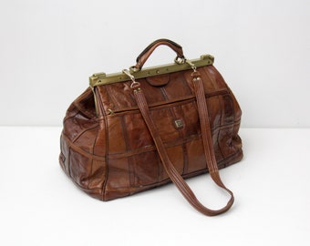 Vintage Bag // Large Firenze Bags Brown Patchwork Leather Luggage Bag // Carry On Travel Bag // Traveler Bag // Overnight Bag