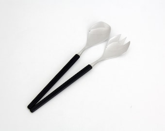 Vintage Salad Spoon and Fork Set // Salad Servers // Black Plastic and Stainless Steel