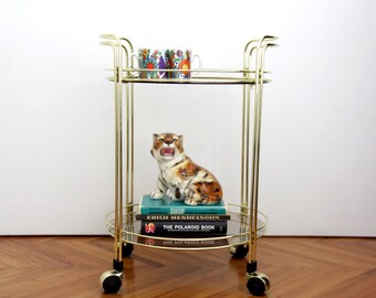 Vintage Round Bar Cart Serving Trolley // 2 Tier Gold Metal Frame  with Smoked Glass Top, 1980s