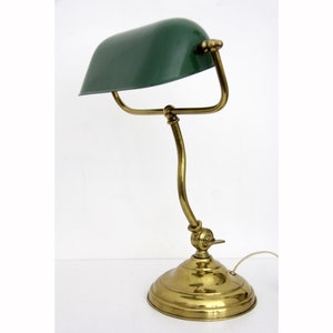Vintage Brass Desk Lamp with Enamel Shade // 1930s Art Deco Articulating Brass Bankers Table Lamp