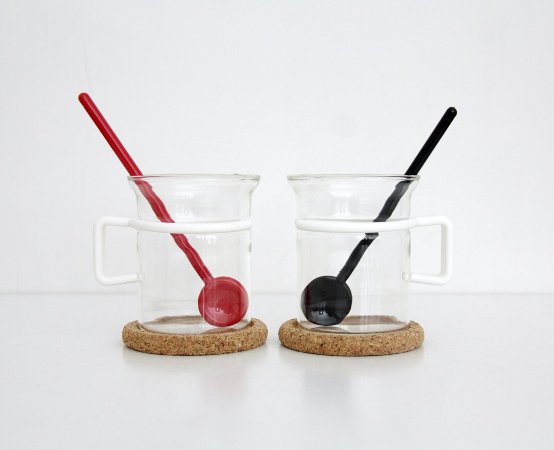 Vintage Tea/coffee Cups / Bodum Glass Cups With Plastic Handles, Spoons
