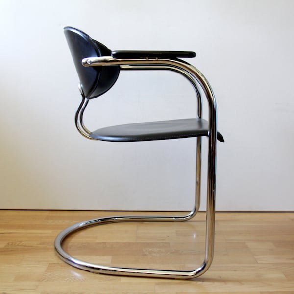 Vintage Effezeta Tubular Chrome and Vegan Leather Frame Cantilever Chair with Wooden Armrests // Dining Chair // 1980's Italy