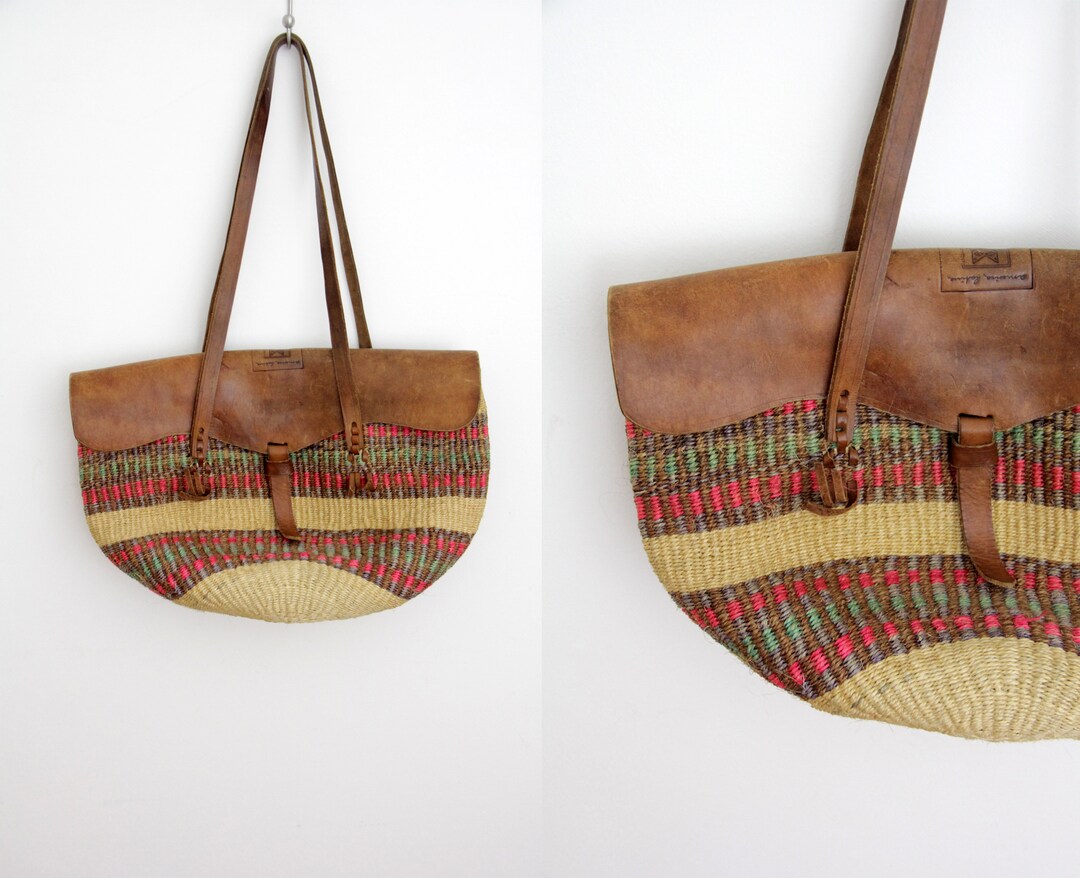 Vintage Tote // Rustic Woven Straw and Leather Market Purse - Etsy