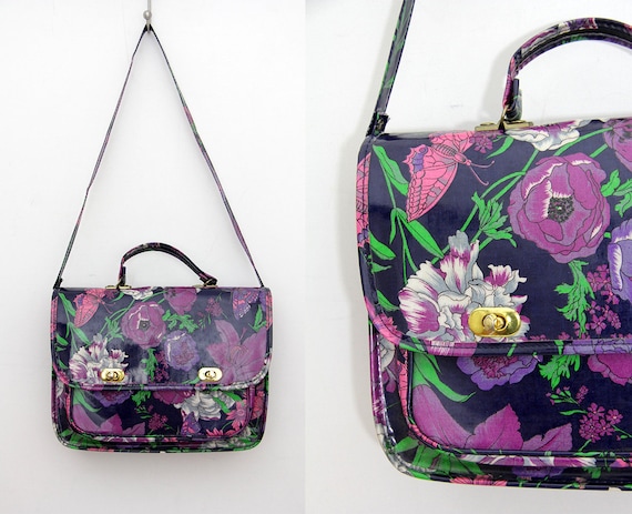 Vintage Bag // 1970's Vinyl Purple Floral Shoulde… - image 2