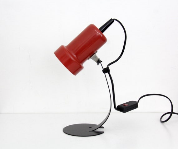Vintage Table Lamp // Red and Black Metal Desk Lamp with Adjustable Shade
